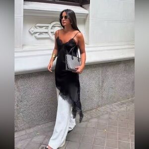 NWT - Lace Silk Black Slip Dress - Straps - Mini Dress - Y2K -Bohemian Zara Like